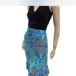 Vintage Y2K Turquoise Paisley Print Knee Length Ruffle Hem Skirt M